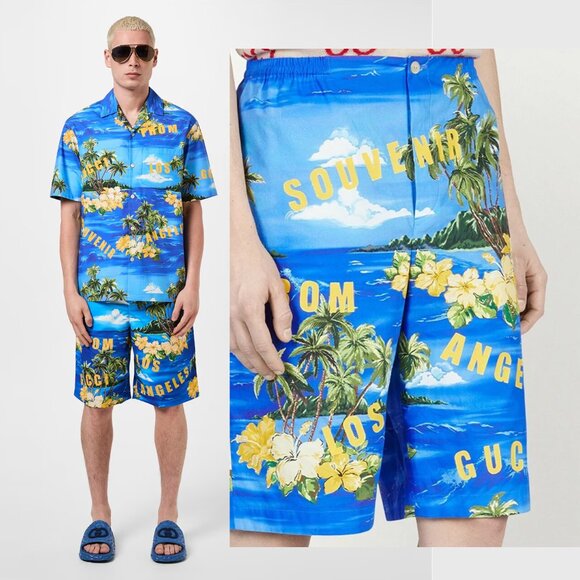 GUCCI SHORTS COTTON POPLIN OCEAN PALM TREES PRINT sz 50 / L